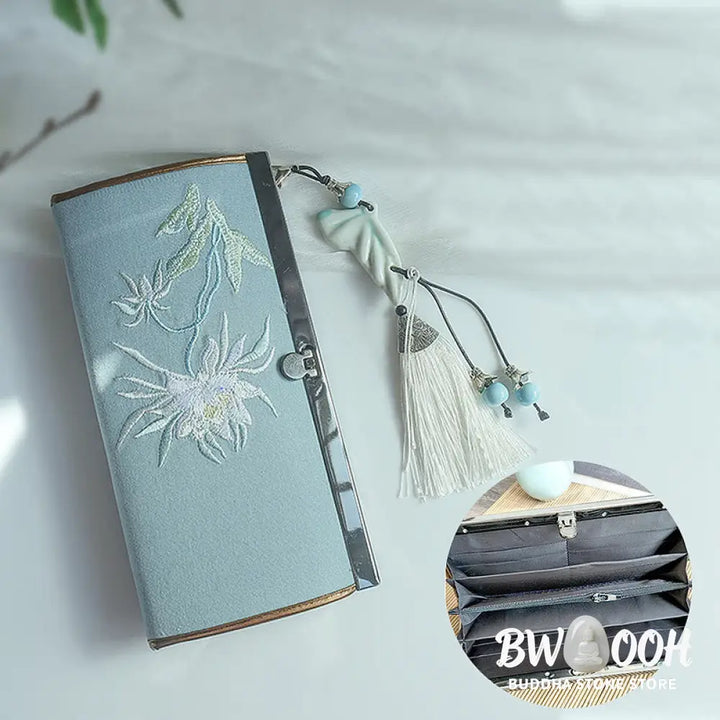 Buddha Stones Flower Plum Peach Blossom Bamboo Double-sided Embroidery Large Capacity Cash Holder Wallet Shopping Purse