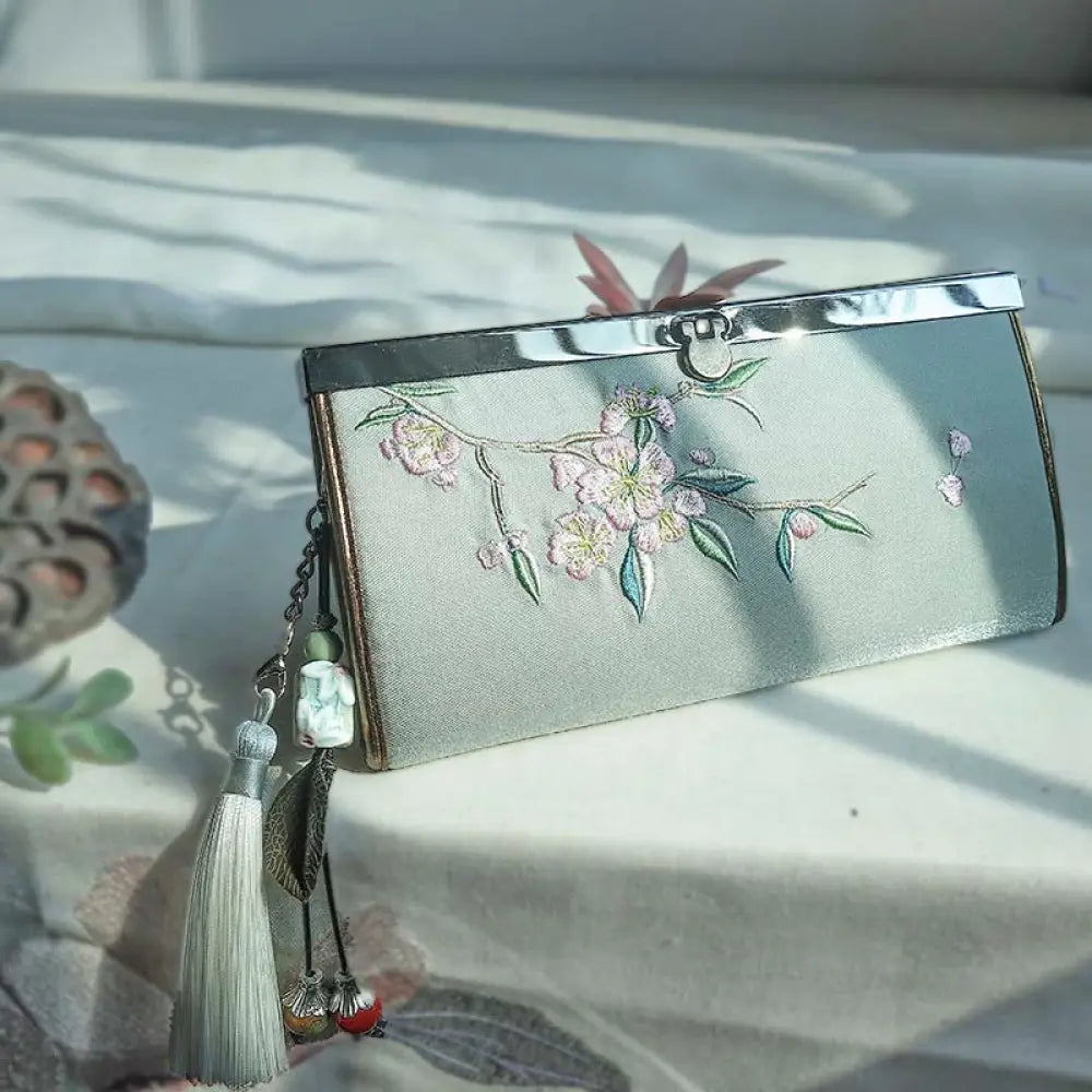 Buddha Stones Flower Plum Peach Blossom Bamboo Double-sided Embroidery Large Capacity Cash Holder Wallet Shopping Purse