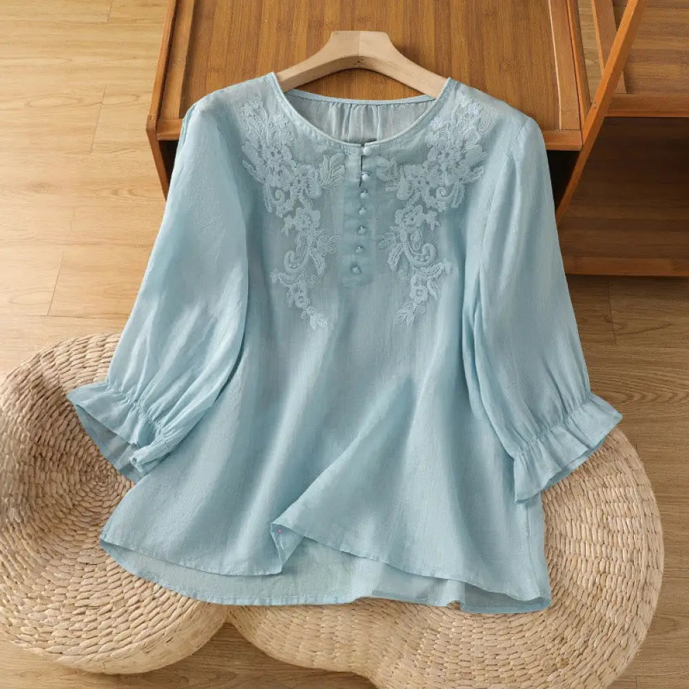 Buddha Stones Flower Vines Embroidery Button Crew Neck Three Quarter Sleeve Women’s Cotton Shirt - LightBlue