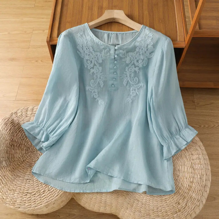 Buddha Stones Flower Vines Embroidery Button Crew Neck Three Quarter Sleeve Women’s Cotton Shirt - LightBlue