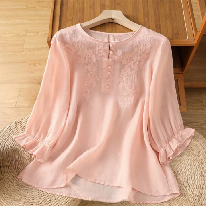 Buddha Stones Flower Vines Embroidery Button Crew Neck Three Quarter Sleeve Women’s Cotton Shirt - LightPink