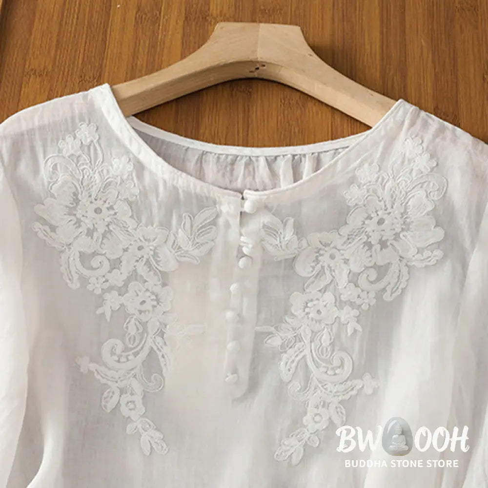 Buddha Stones Flower Vines Embroidery Button Crew Neck Three Quarter Sleeve Women’s Cotton Shirt - Women’s Shirts