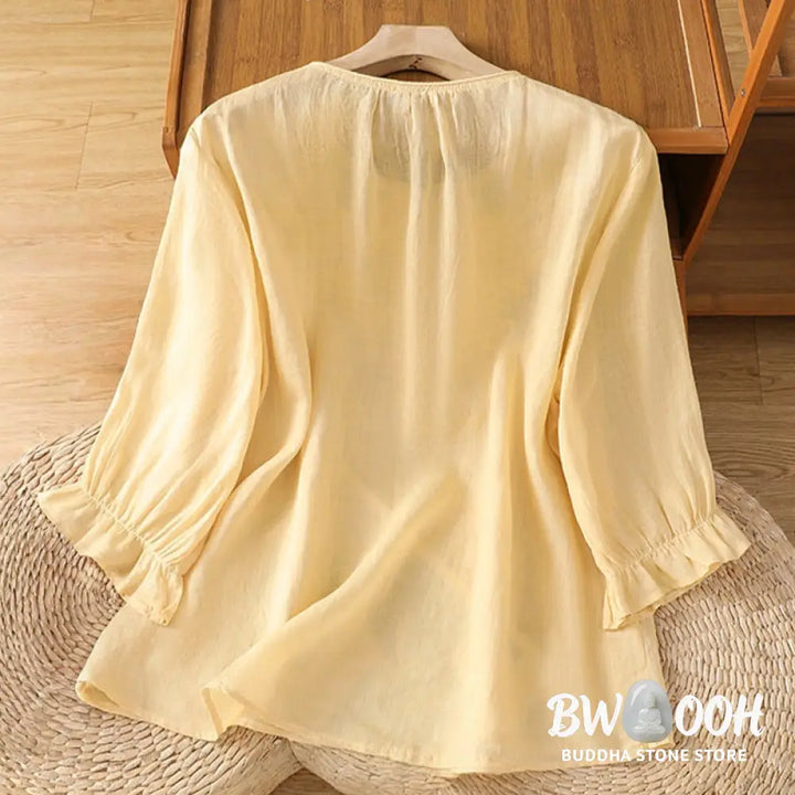 Buddha Stones Flower Vines Embroidery Button Crew Neck Three Quarter Sleeve Women’s Cotton Shirt - Women’s Shirts