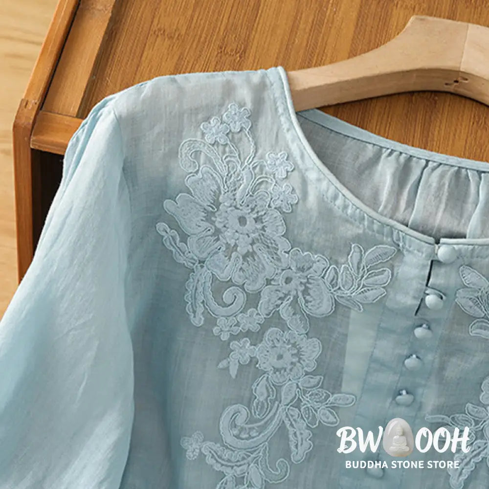 Buddha Stones Flower Vines Embroidery Button Crew Neck Three Quarter Sleeve Women’s Cotton Shirt - Women’s Shirts