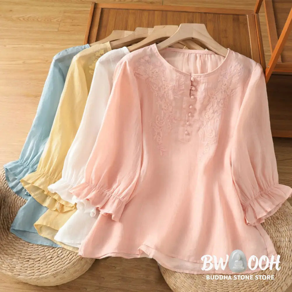 Buddha Stones Flower Vines Embroidery Button Crew Neck Three Quarter Sleeve Women’s Cotton Shirt - Women’s Shirts