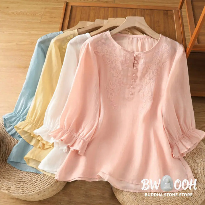 Buddha Stones Flower Vines Embroidery Button Crew Neck Three Quarter Sleeve Women’s Cotton Shirt - Women’s Shirts