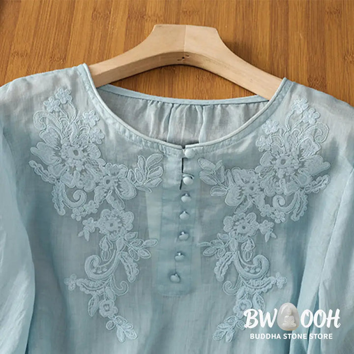 Buddha Stones Flower Vines Embroidery Button Crew Neck Three Quarter Sleeve Women’s Cotton Shirt - Women’s Shirts