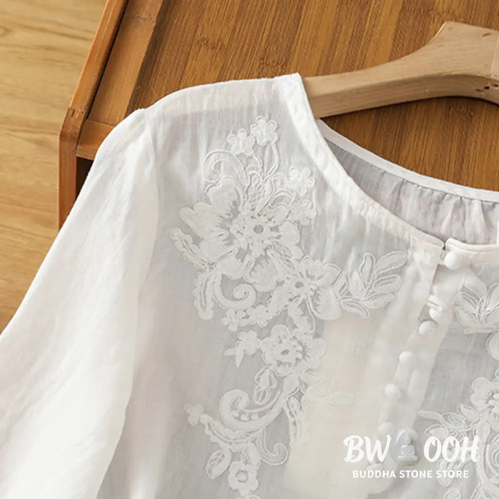 Buddha Stones Flower Vines Embroidery Button Crew Neck Three Quarter Sleeve Women’s Cotton Shirt - Women’s Shirts