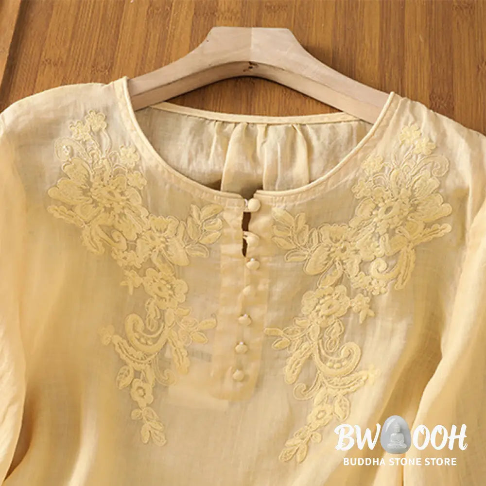 Buddha Stones Flower Vines Embroidery Button Crew Neck Three Quarter Sleeve Women’s Cotton Shirt - Women’s Shirts
