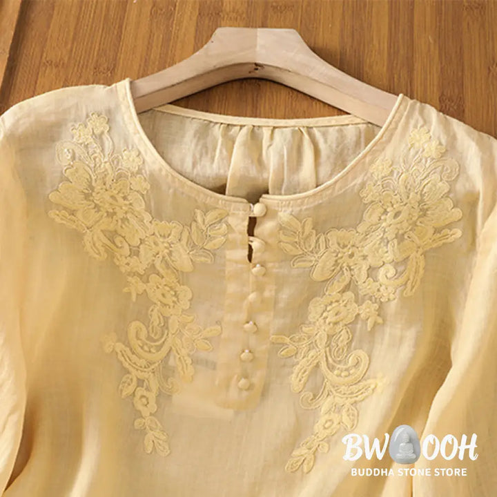 Buddha Stones Flower Vines Embroidery Button Crew Neck Three Quarter Sleeve Women’s Cotton Shirt - Women’s Shirts
