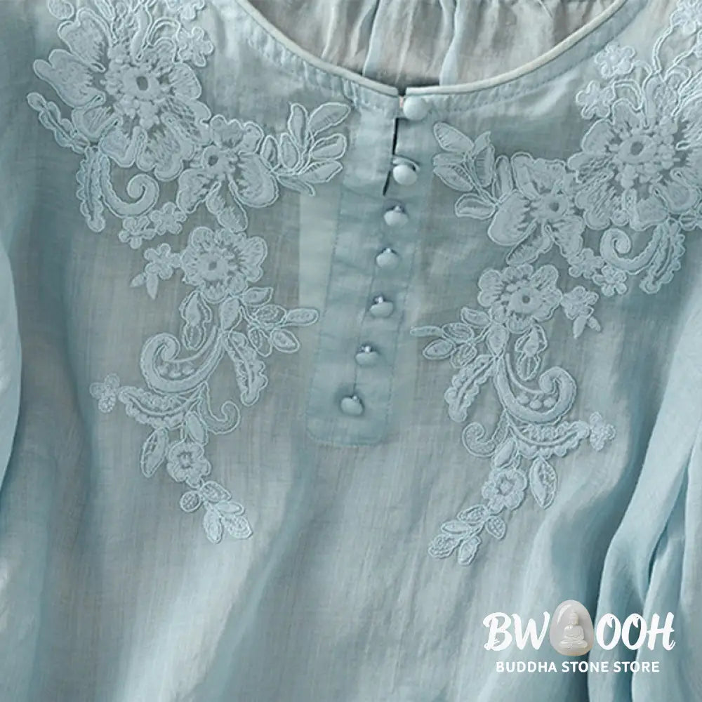 Buddha Stones Flower Vines Embroidery Button Crew Neck Three Quarter Sleeve Women’s Cotton Shirt - Women’s Shirts