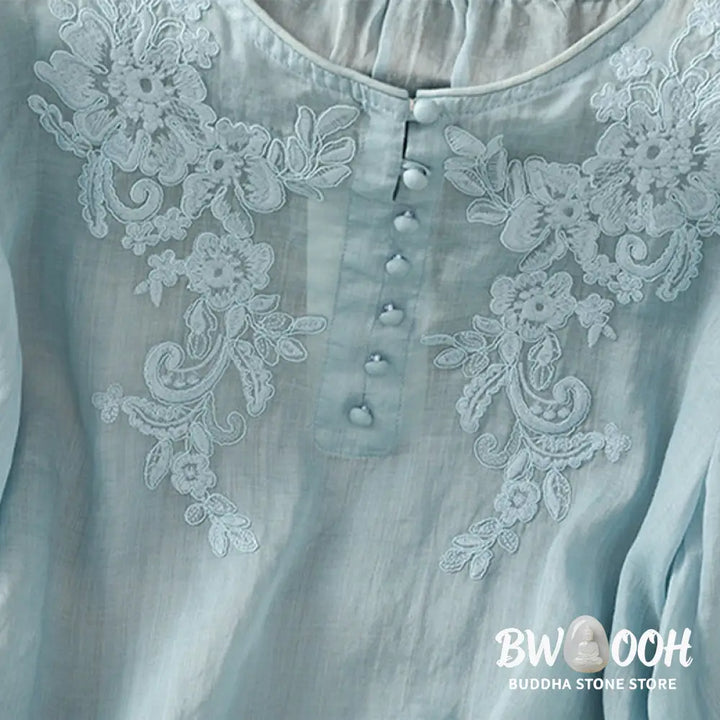 Buddha Stones Flower Vines Embroidery Button Crew Neck Three Quarter Sleeve Women’s Cotton Shirt - Women’s Shirts