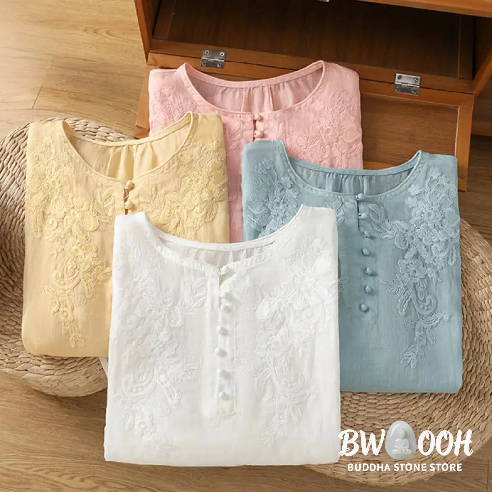 Buddha Stones Flower Vines Embroidery Button Crew Neck Three Quarter Sleeve Women’s Cotton Shirt - Women’s Shirts