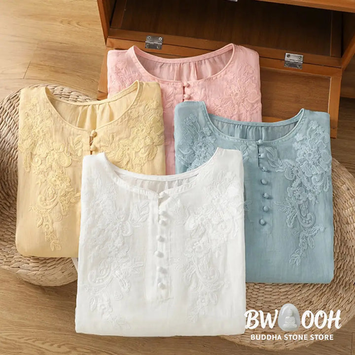 Buddha Stones Flower Vines Embroidery Button Crew Neck Three Quarter Sleeve Women’s Cotton Shirt - Women’s Shirts