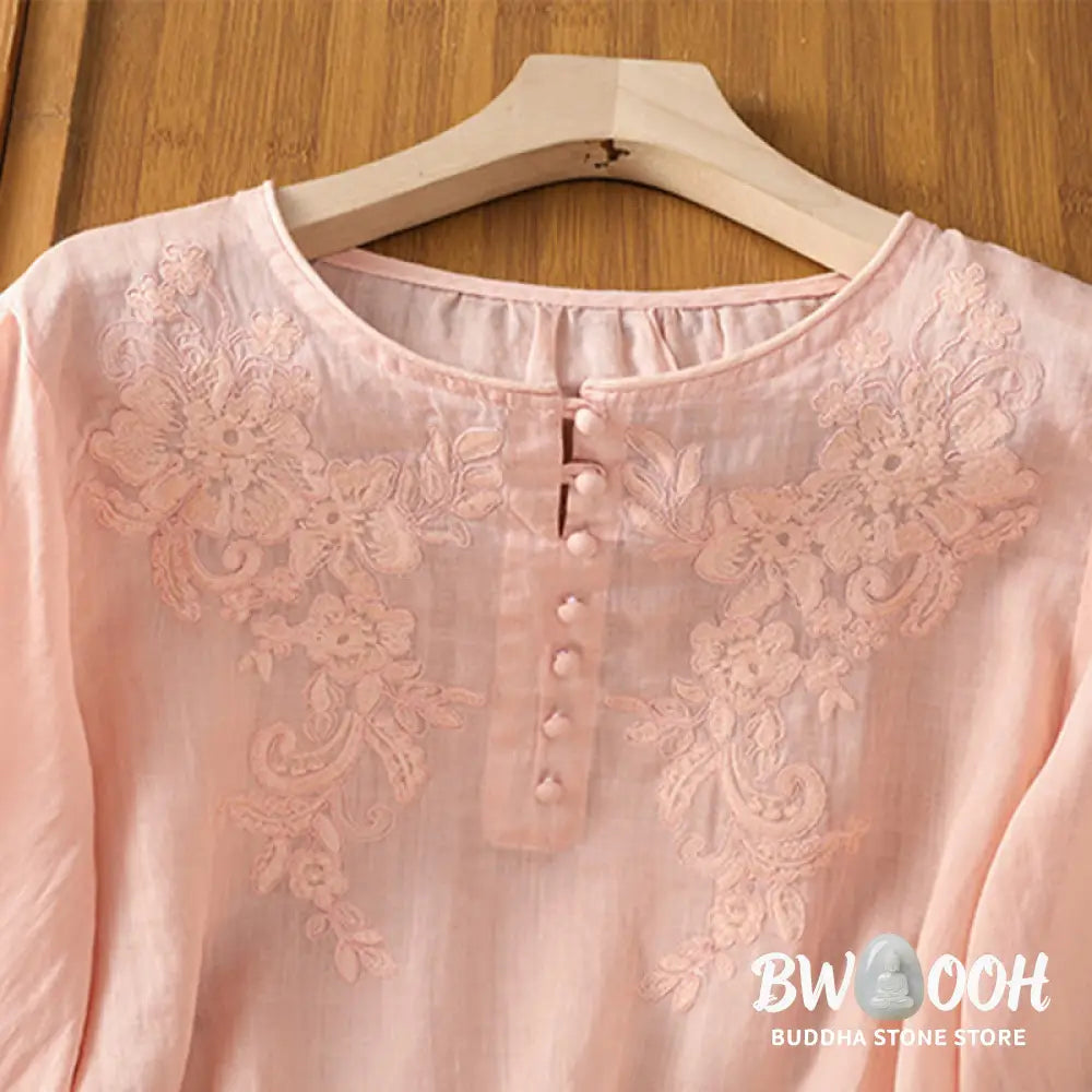 Buddha Stones Flower Vines Embroidery Button Crew Neck Three Quarter Sleeve Women’s Cotton Shirt - Women’s Shirts