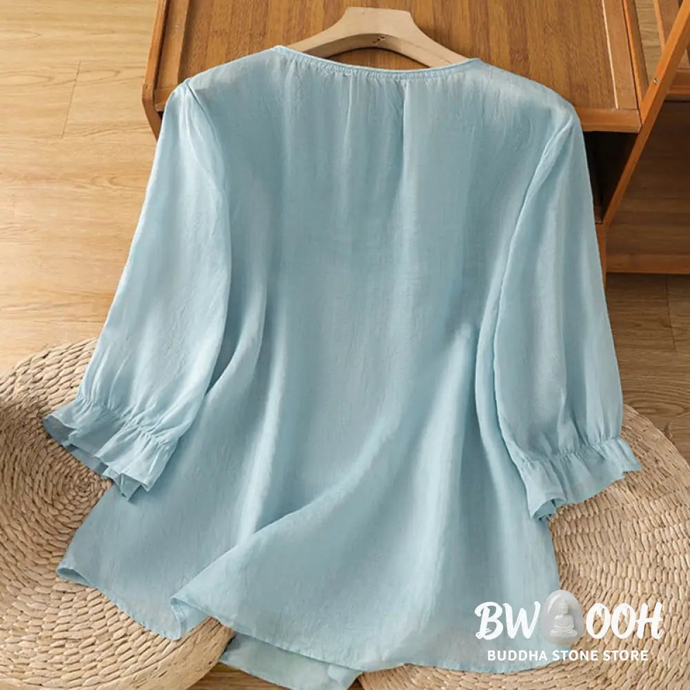 Buddha Stones Flower Vines Embroidery Button Crew Neck Three Quarter Sleeve Women’s Cotton Shirt - Women’s Shirts