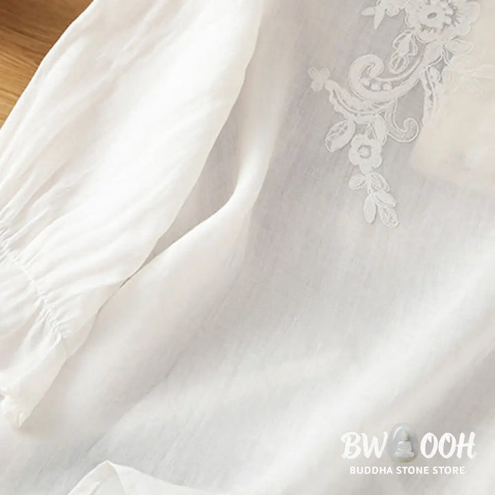 Buddha Stones Flower Vines Embroidery Button Crew Neck Three Quarter Sleeve Women’s Cotton Shirt - Women’s Shirts