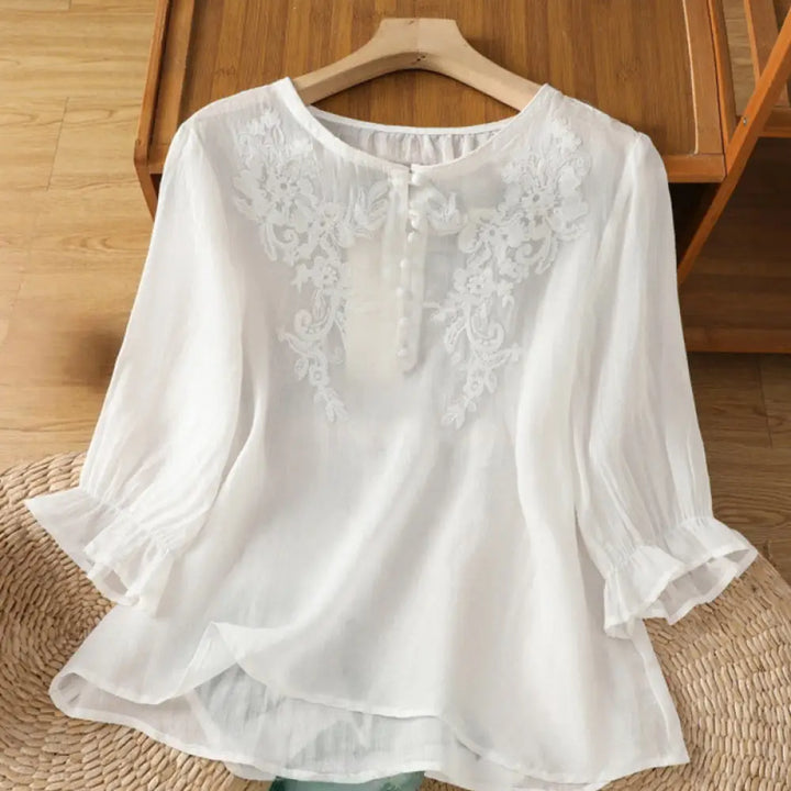 Buddha Stones Flower Vines Embroidery Button Crew Neck Three Quarter Sleeve Women’s Cotton Shirt - White