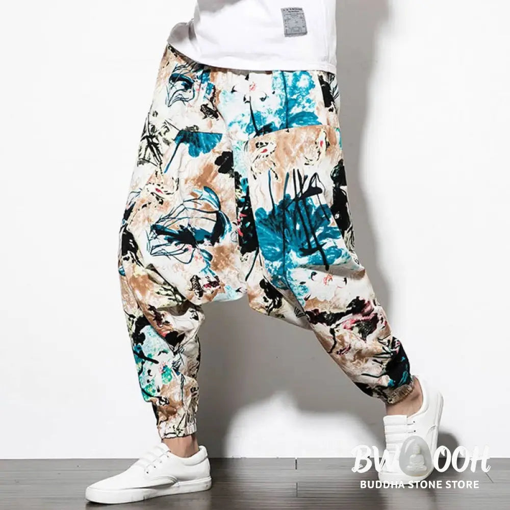 Buddha Stones Flowers Leaves Brown Blue Painting Print Cotton Men’s Long Cropped Harem Pants With Pockets - Men’s Harem