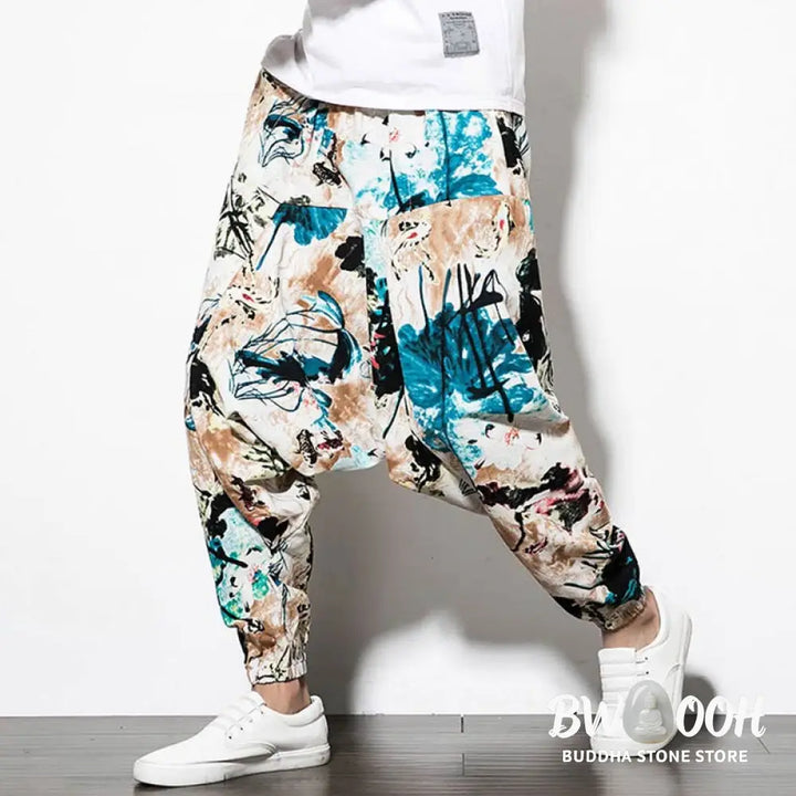 Buddha Stones Flowers Leaves Brown Blue Painting Print Cotton Men’s Long Cropped Harem Pants With Pockets - Men’s Harem
