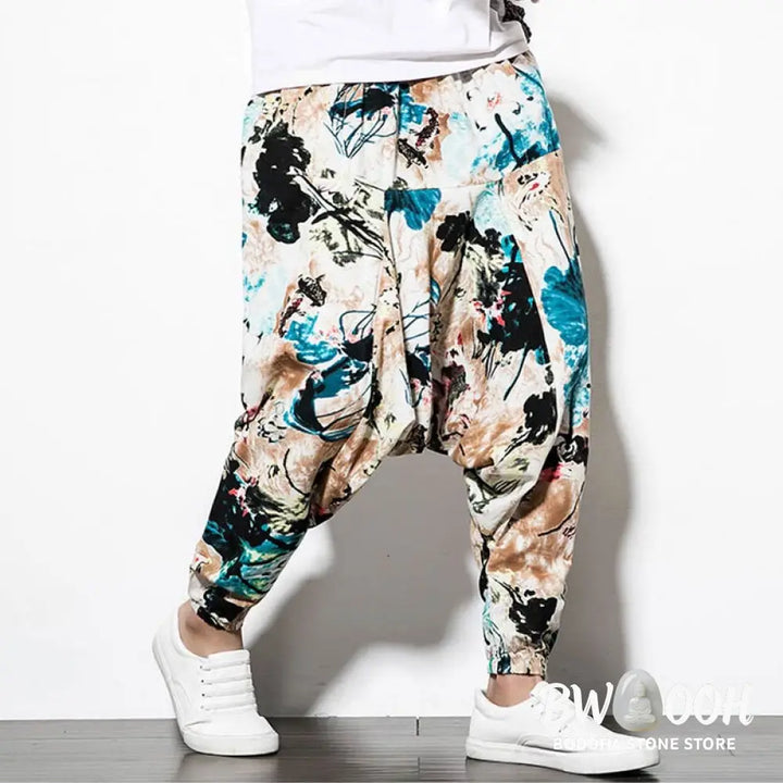 Buddha Stones Flowers Leaves Brown Blue Painting Print Cotton Men’s Long Cropped Harem Pants With Pockets - Men’s Harem