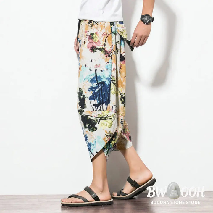 Buddha Stones Flowers Leaves Brown Blue Painting Print Cotton Men’s Long Cropped Harem Pants With Pockets - Men’s Harem