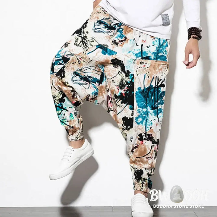Buddha Stones Flowers Leaves Brown Blue Painting Print Cotton Men’s Long Cropped Harem Pants With Pockets - Men’s Harem