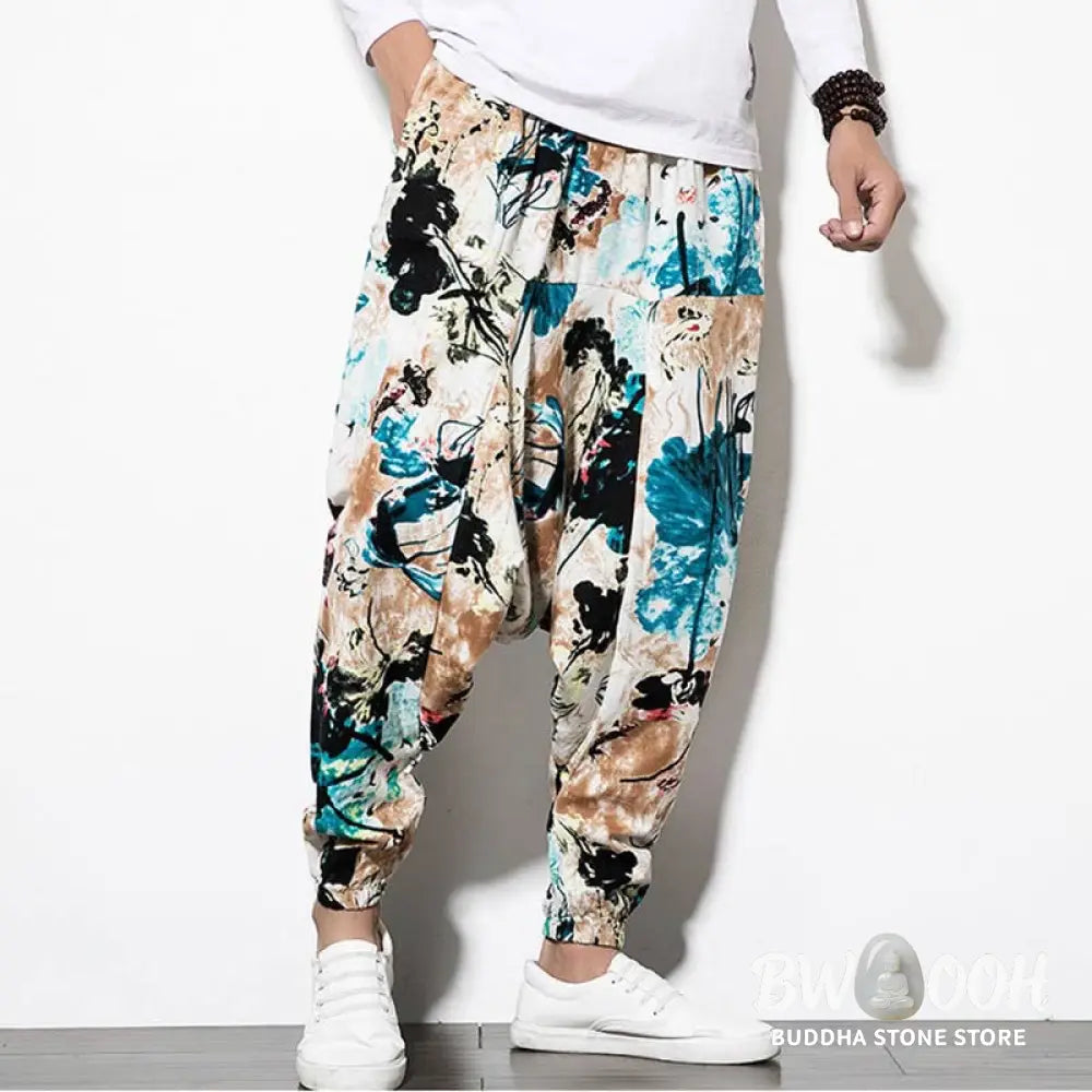 Buddha Stones Flowers Leaves Brown Blue Painting Print Cotton Men’s Long Cropped Harem Pants With Pockets - Men’s Harem