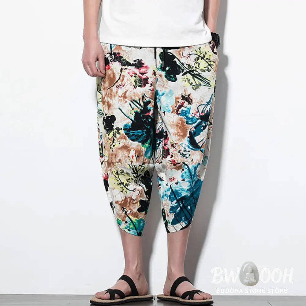Buddha Stones Flowers Leaves Brown Blue Painting Print Cotton Men’s Long Cropped Harem Pants With Pockets - Men’s Harem