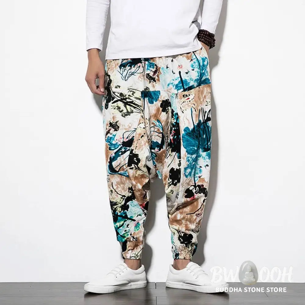 Buddha Stones Flowers Leaves Brown Blue Painting Print Cotton Men’s Long Cropped Harem Pants With Pockets - Men’s Harem