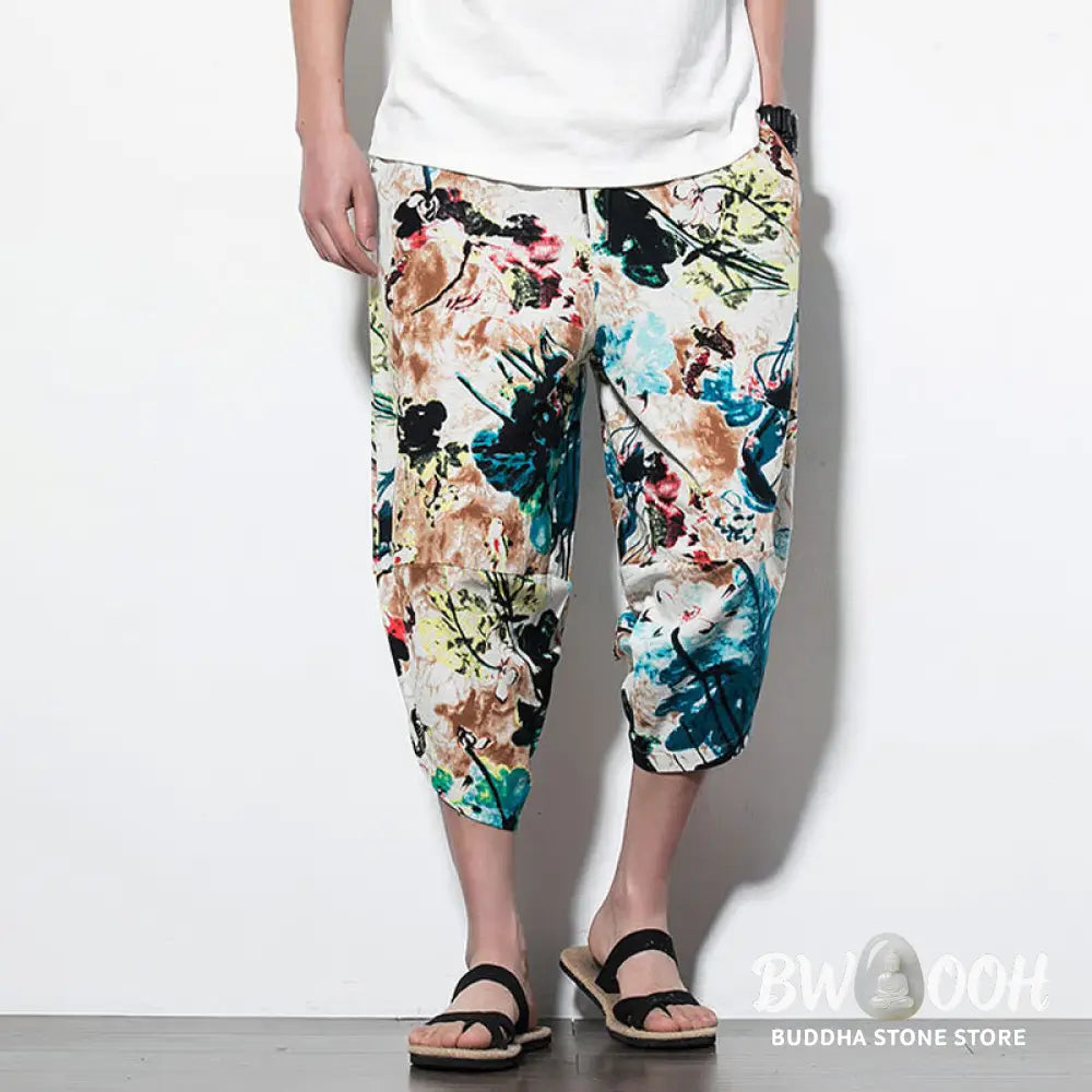 Buddha Stones Flowers Leaves Brown Blue Painting Print Cotton Men’s Long Cropped Harem Pants With Pockets - Men’s Harem