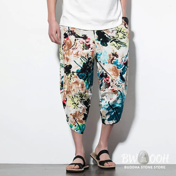 Buddha Stones Flowers Leaves Brown Blue Painting Print Cotton Men’s Long Cropped Harem Pants With Pockets - Men’s Harem