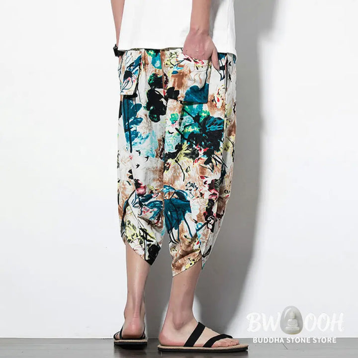 Buddha Stones Flowers Leaves Brown Blue Painting Print Cotton Men’s Long Cropped Harem Pants With Pockets - Men’s Harem