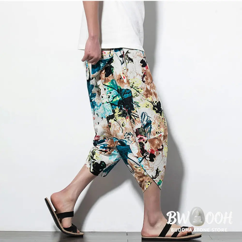 Buddha Stones Flowers Leaves Brown Blue Painting Print Cotton Men’s Long Cropped Harem Pants With Pockets - Men’s Harem