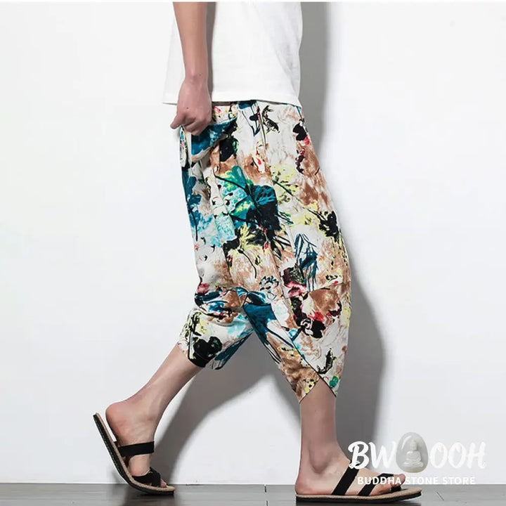 Buddha Stones Flowers Leaves Brown Blue Painting Print Cotton Men’s Long Cropped Harem Pants With Pockets - Men’s Harem
