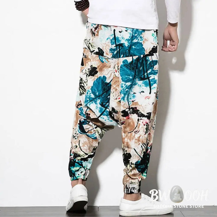 Buddha Stones Flowers Leaves Brown Blue Painting Print Cotton Men’s Long Cropped Harem Pants With Pockets - Men’s Harem