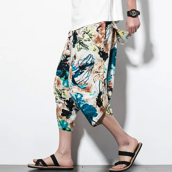 Buddha Stones Flowers Leaves Brown Blue Painting Print Cotton Men’s Long Cropped Harem Pants With Pockets - Cropped