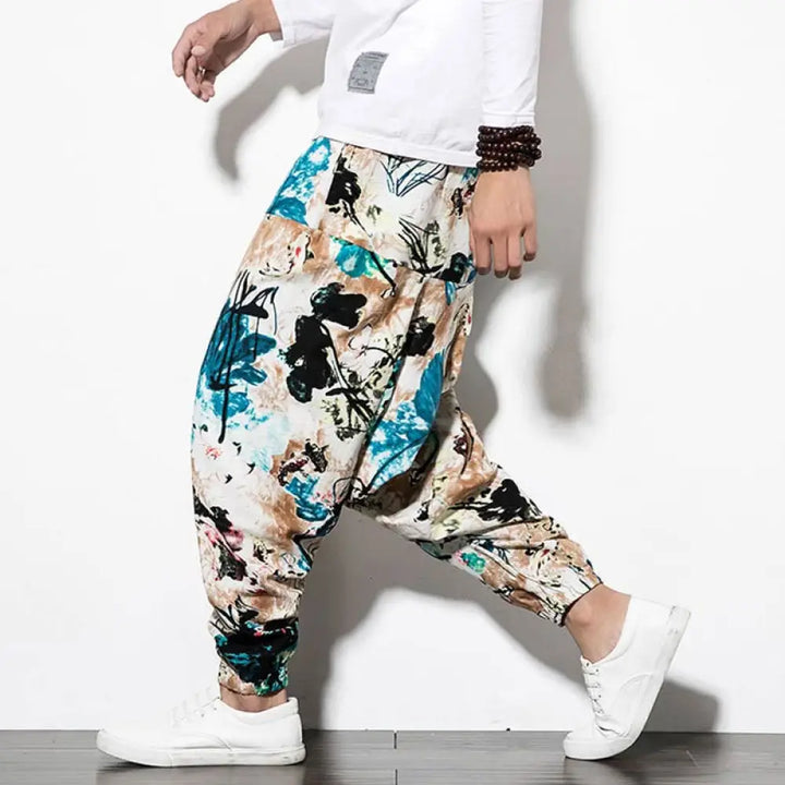 BWOOOH printed harem pants - Flowers Leaves Brown Blue Painting Print