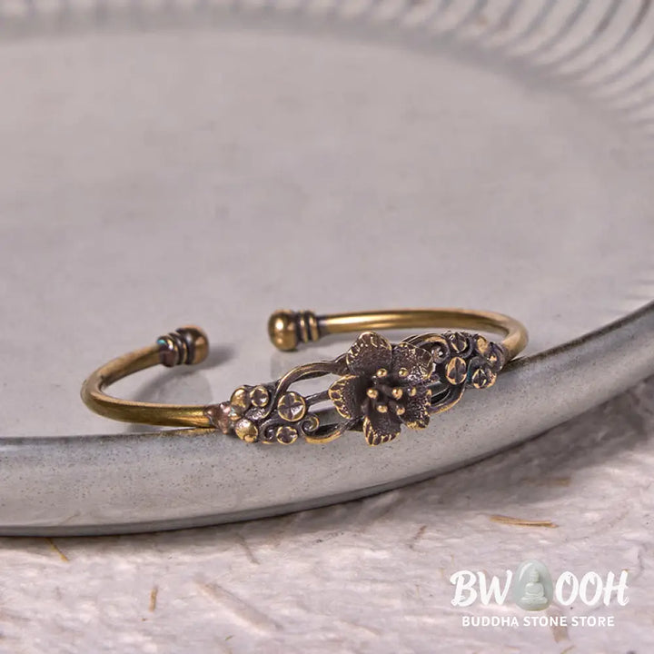 Buddha Stones Flowers Leaves Copper Brass Luck Healing Cuff Bracelet Bangle - BWOOOH - Bracelet Bangle