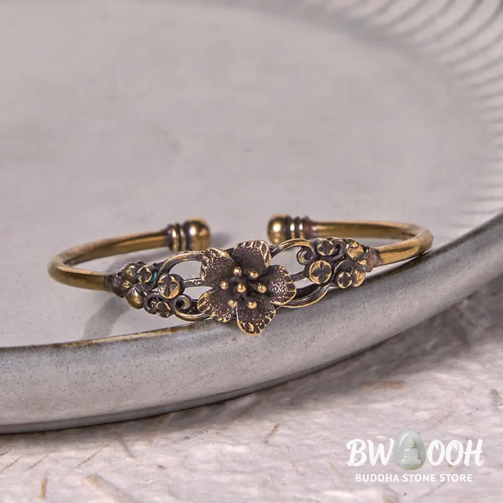 Buddha Stones Flowers Leaves Copper Brass Luck Healing Cuff Bracelet Bangle - BWOOOH - Bracelet Bangle