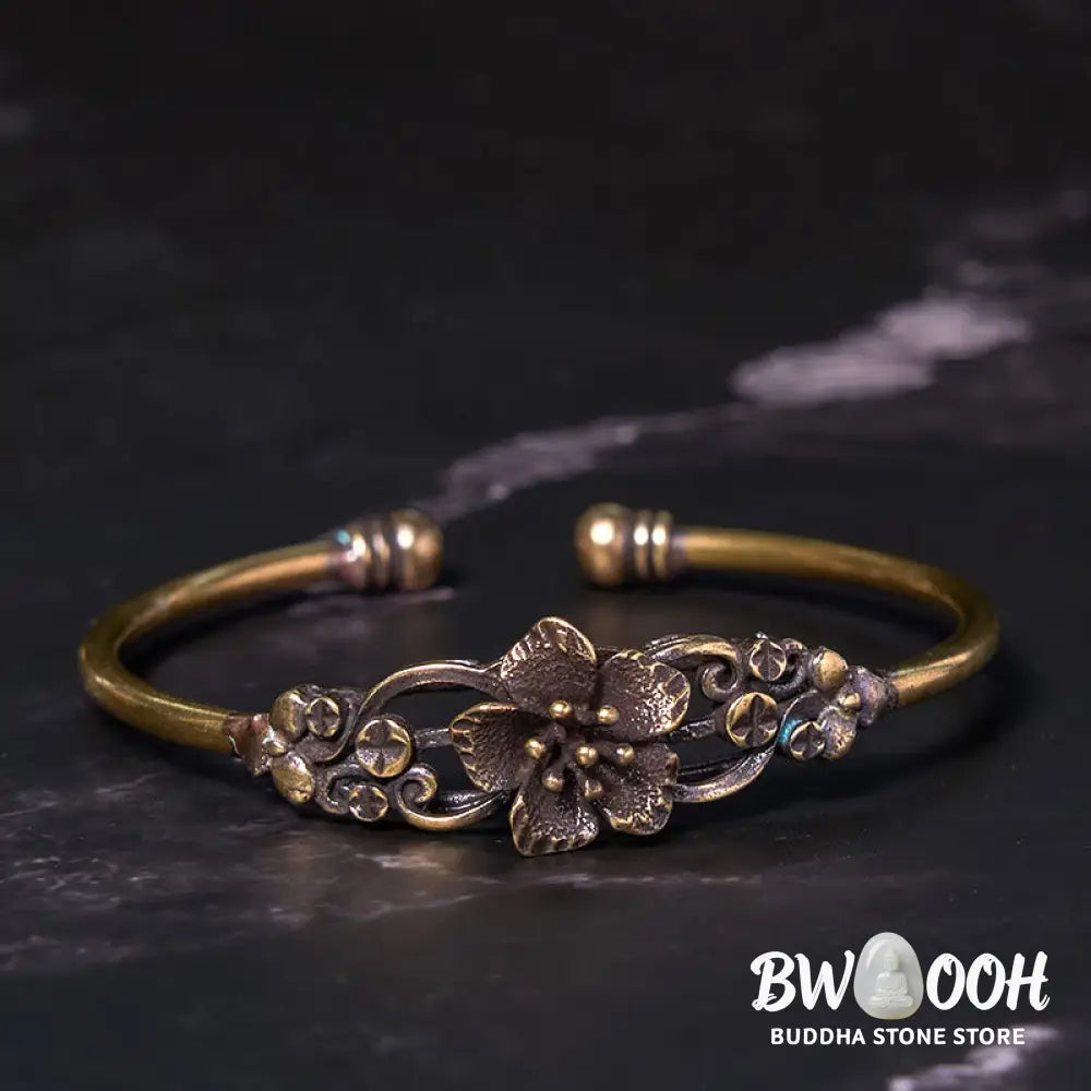 Buddha Stones Flowers Leaves Copper Brass Luck Healing Cuff Bracelet Bangle - BWOOOH - Bracelet Bangle
