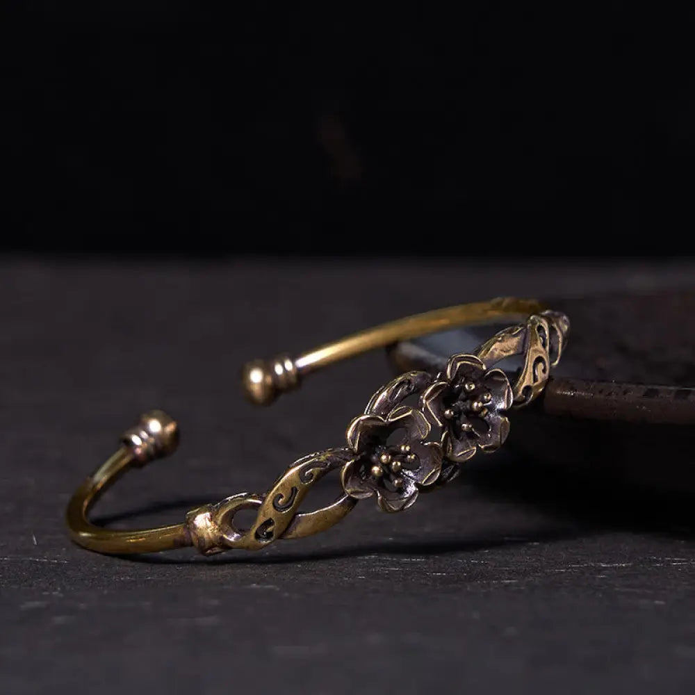 Buddha Stones Flowers Leaves Copper Brass Luck Healing Cuff Bracelet Bangle - BWOOOH - Double Flowers(Wrist