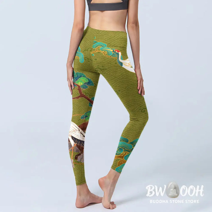 BWOOOH printed yoga leggings - Flying Cranes Auspicious Clouds Trees Pr