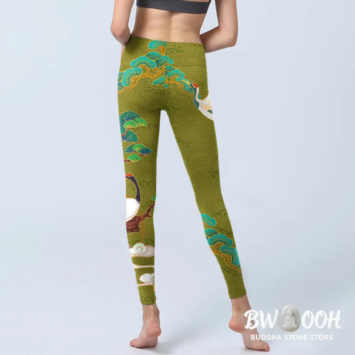 BWOOOH printed yoga leggings - Flying Cranes Auspicious Clouds Trees Pr