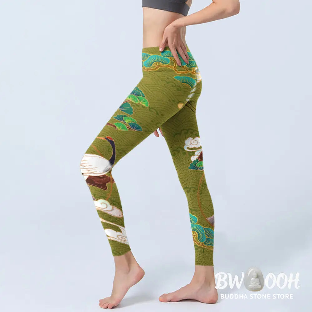 BWOOOH printed yoga leggings - Flying Cranes Auspicious Clouds Trees Pr