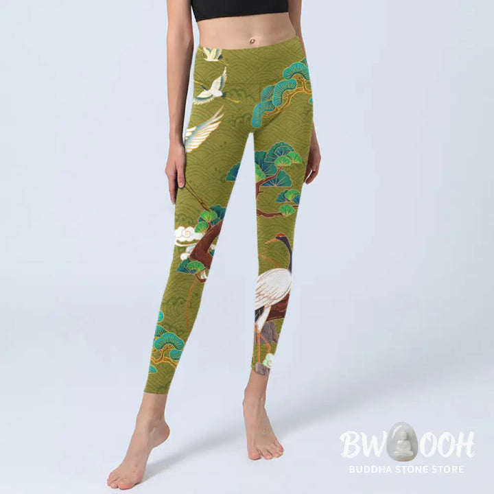 BWOOOH printed yoga leggings - Flying Cranes Auspicious Clouds Trees Pr