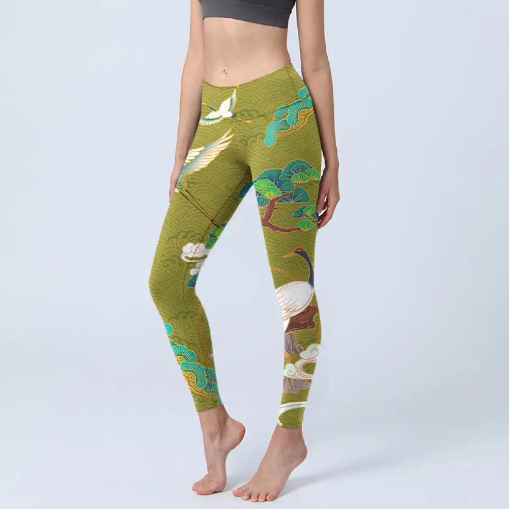 BWOOOH printed yoga leggings - Flying Cranes Auspicious Clouds Trees Pr