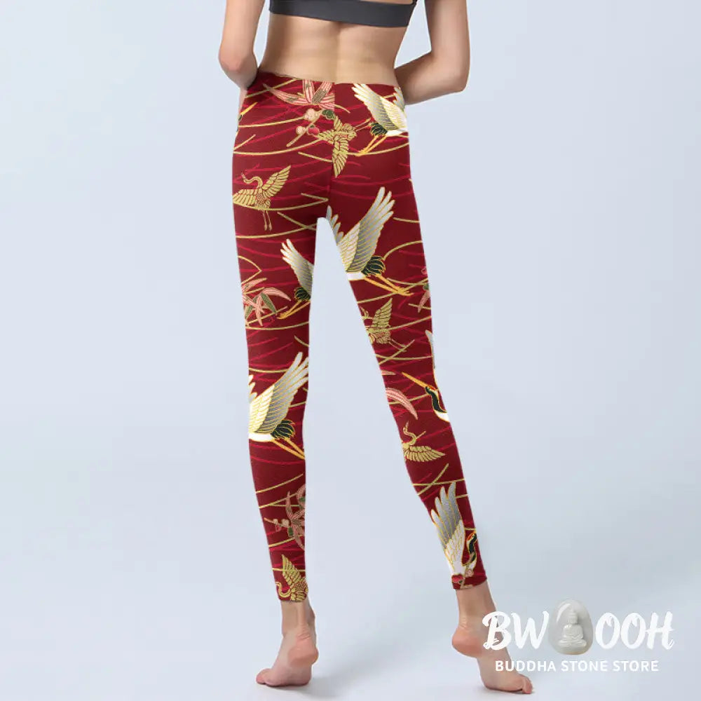 BWOOOH printed yoga leggings - Flying Cranes Slender Branches Print Gym