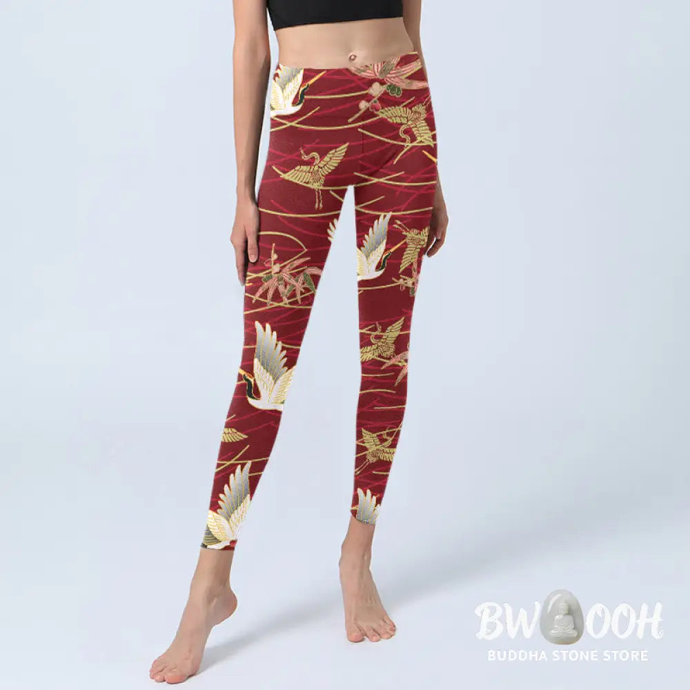 BWOOOH printed yoga leggings - Flying Cranes Slender Branches Print Gym