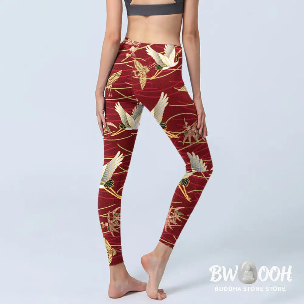 BWOOOH printed yoga leggings - Flying Cranes Slender Branches Print Gym
